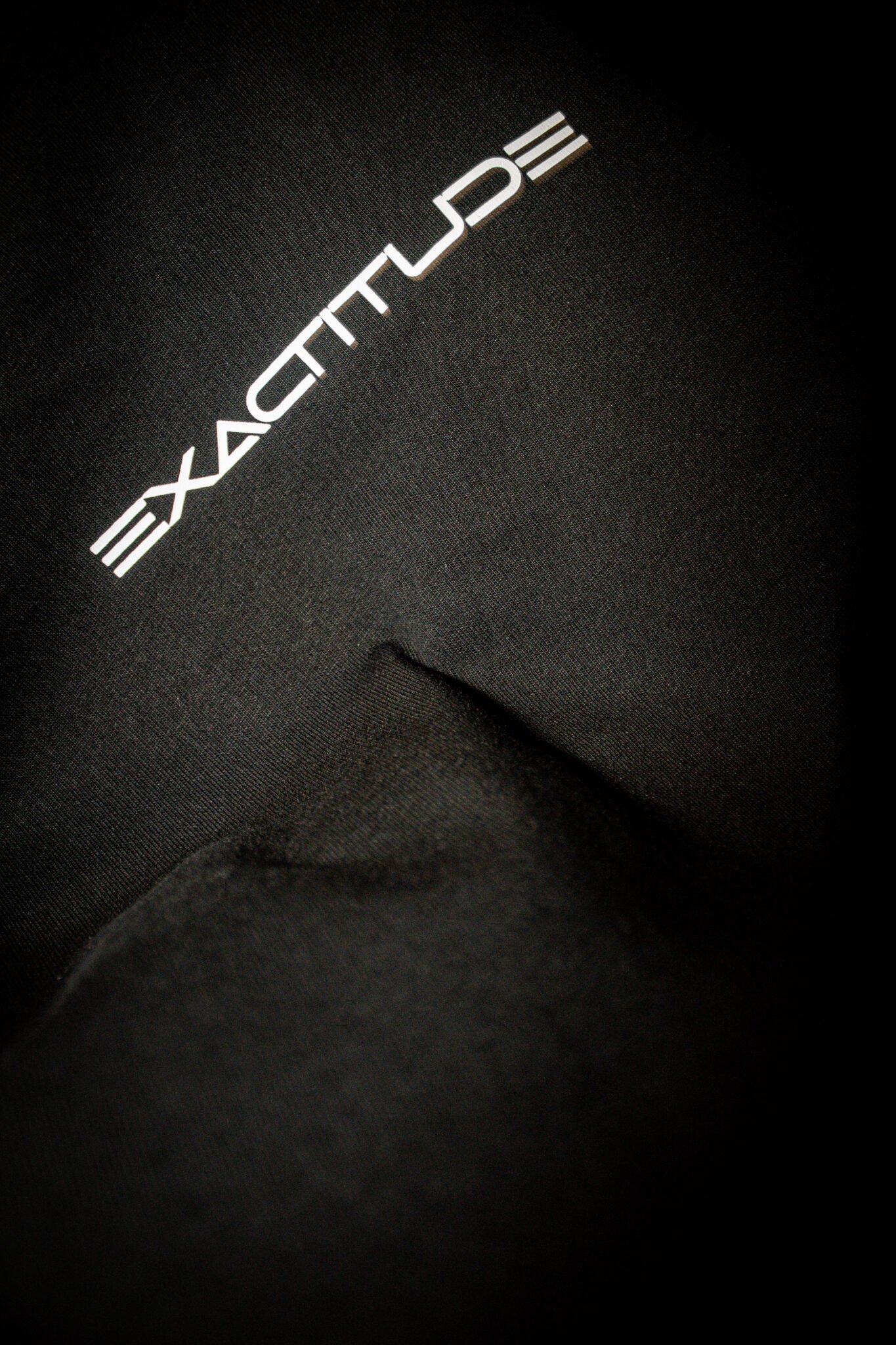 Bold black t-shirt with 'Exactitude' in white letters. Product Image.